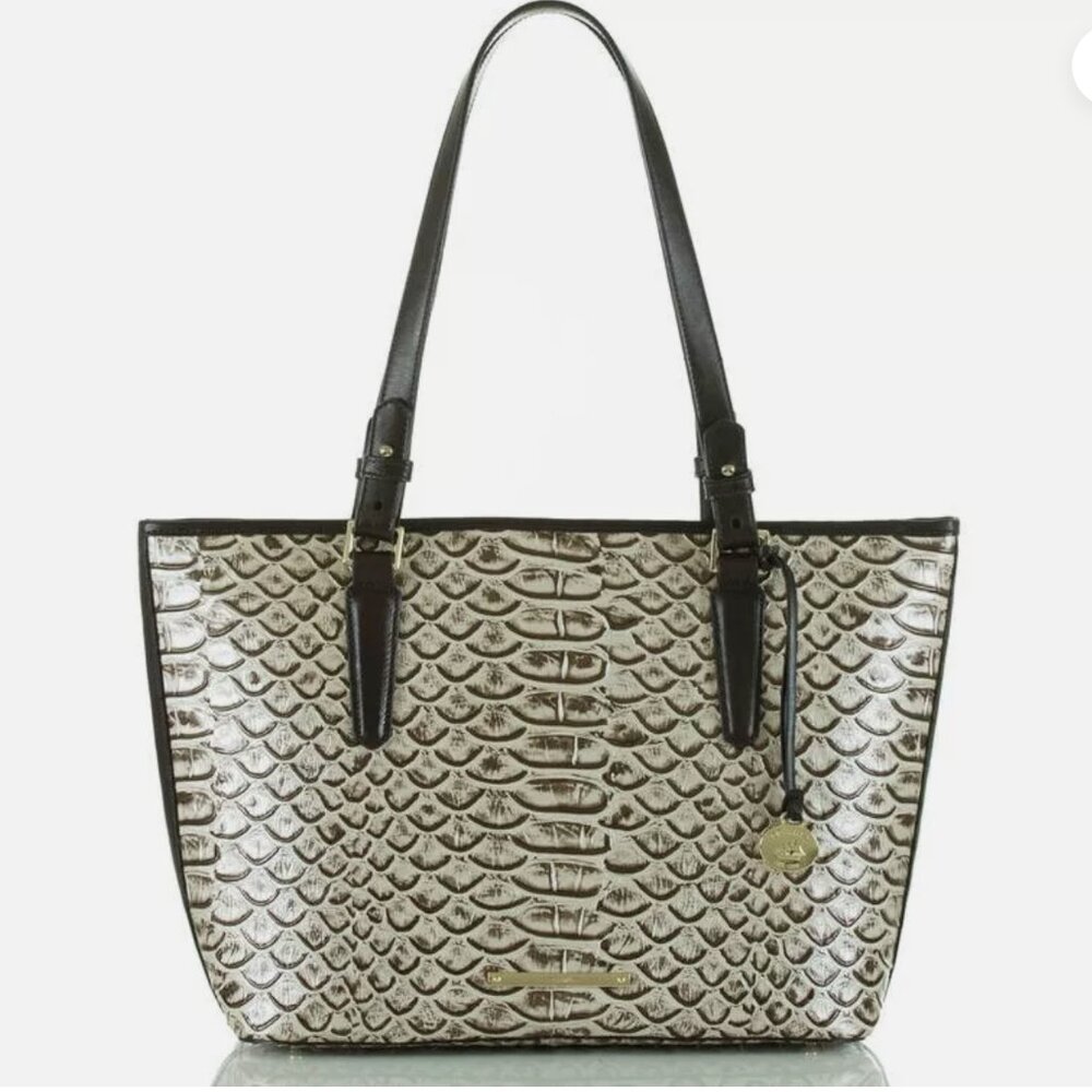 Brahmin Medium Asher Tote Shoulder Bag Pearl Dogwood Embossed Leather Brown